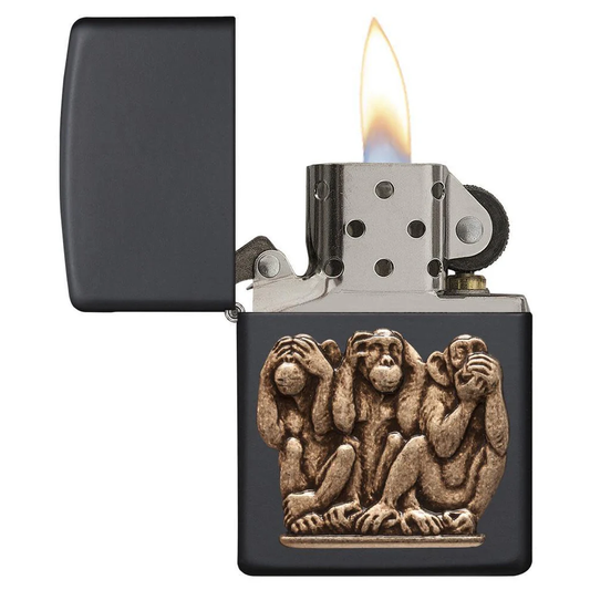Three Monkeys Zippo Lighter – Matte Black with Solid Brass Design | Custom Engraved Collectible Canada