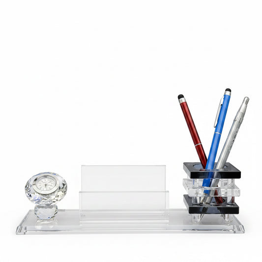 Personalized Crystal Desk Organizer with Clock, Business Card Holder & Pen Holder – Custom Engraved Corporate Gift Canada