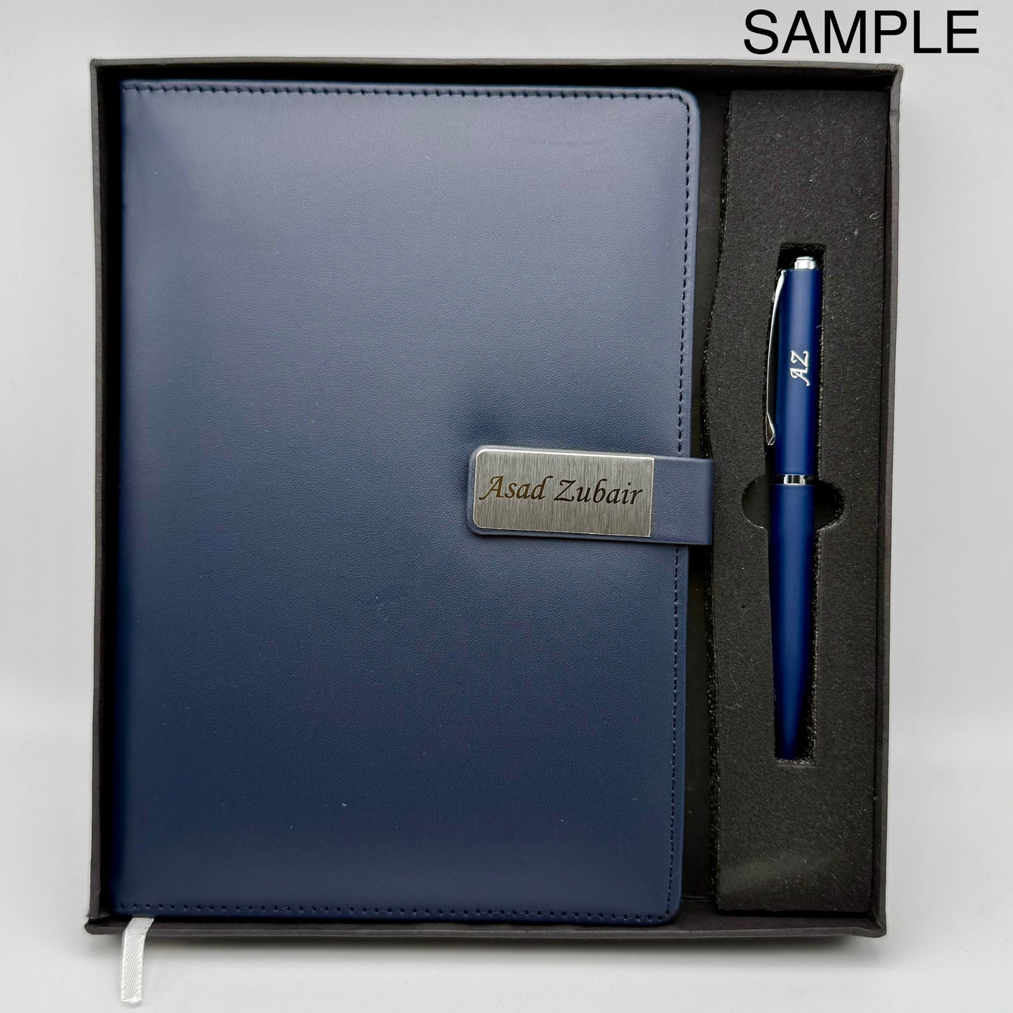 Blue Engravable Diary & Pen Gift Set – Custom Name Plate Corporate Notebook