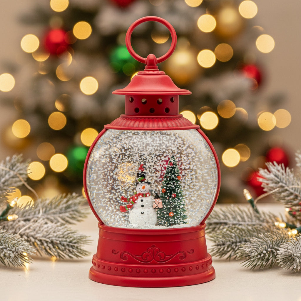 Christmas Lantern Snow Globe | Red LED Holiday Lantern | Spinning Glitter | Snowman & Christmas Tree Décor