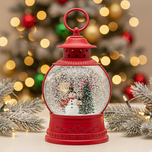 Christmas Lantern Snow Globe | Red LED Holiday Lantern | Spinning Glitter | Snowman & Christmas Tree Décor