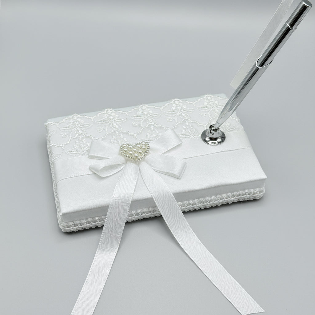 Wedding Guest Book & Feather Pen Set – Elegant White Satin with Lace & Pearl Heart | Personalized Wedding Gifts Canada | Bridal Shower & Engagement Gift Idea