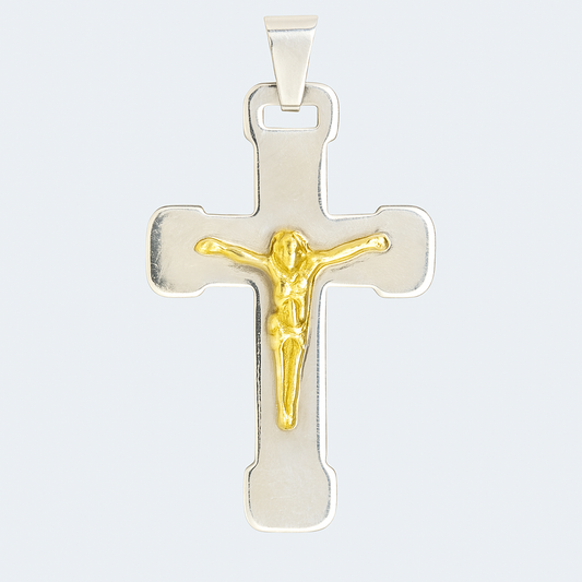 Engraved Crucifix Pendant – Stainless Steel & Gold Jesus Cross Necklace for Men or Women