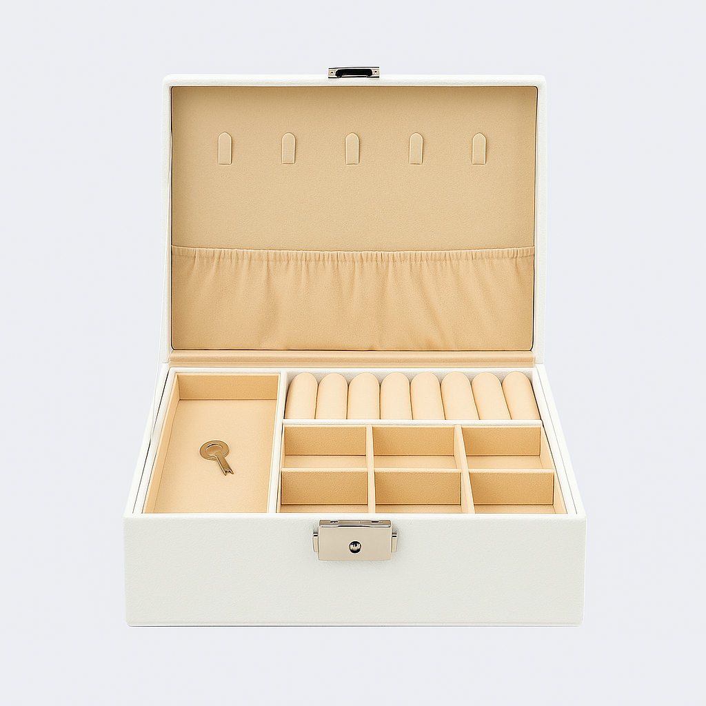 Luxury White Leather Jewelry Organizer Box with Lock