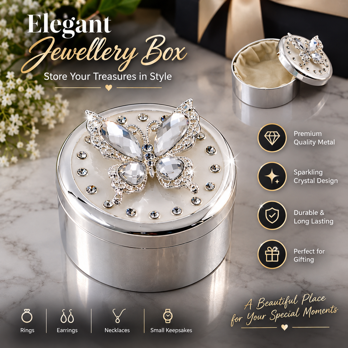 Personalized Silver Butterfly Jewellery Box – Custom Engraved Keepsake Gift Engravables