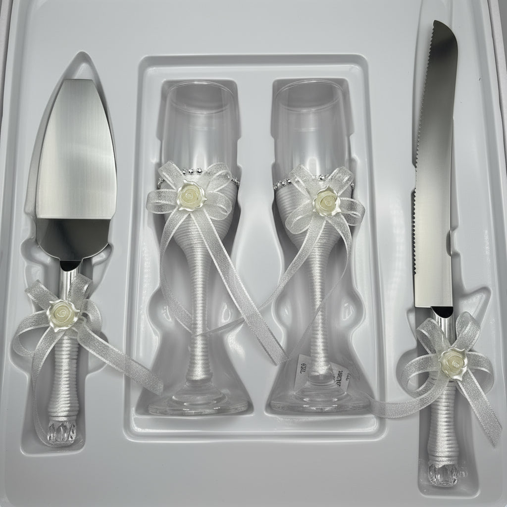 Wedding Champagne Flutes and Cake Knife Server Set – Silver Blade & Crystal Handle | Personalized Engraved Wedding Gift Set for Couples | Elegant Anniversary or Christmas Gift