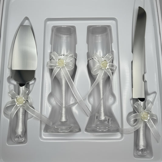 Wedding Champagne Flutes and Cake Knife Server Set – Silver Blade & Crystal Handle | Personalized Engraved Wedding Gift Set for Couples | Elegant Anniversary or Christmas Gift
