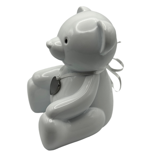 Engraved Teddy Bear Piggy Bank – Personalized White Ceramic Money Box with Heart Pendant for Baby Showers, Birthdays & Keepsakes
