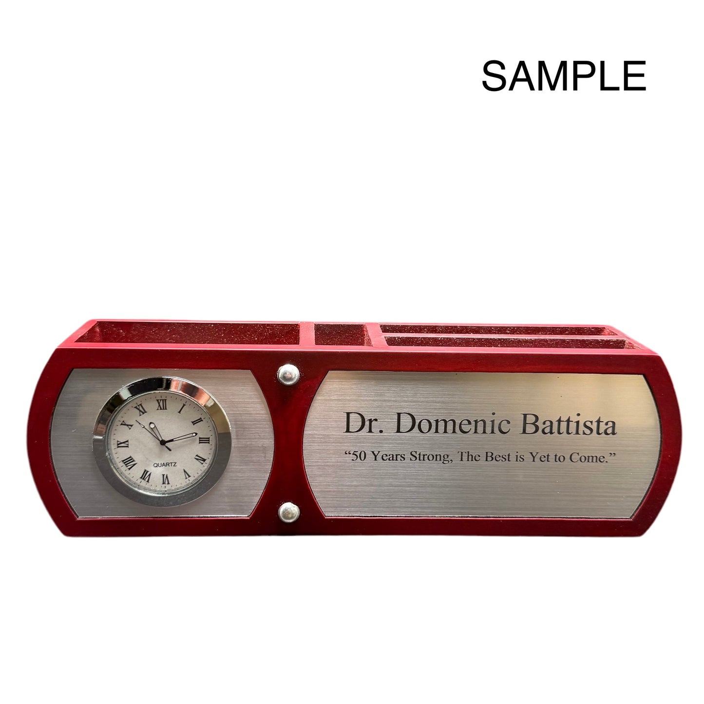 Personalized Wooden Desk Organizer with Clock – Rosewood Finish & Silver Plate for Engraving