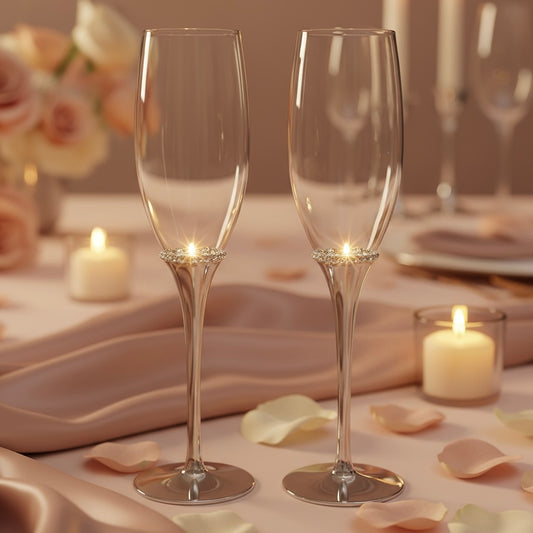 Engraved Crystal Champagne Flutes – Set of 2 | Silver Stem Wedding Toasting Glasses