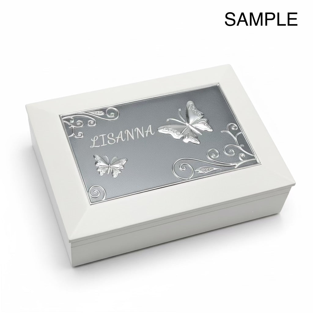 Personalized Jewelry Butterfly Mirror-Lid Jewelry Box – White with Velvet Interior