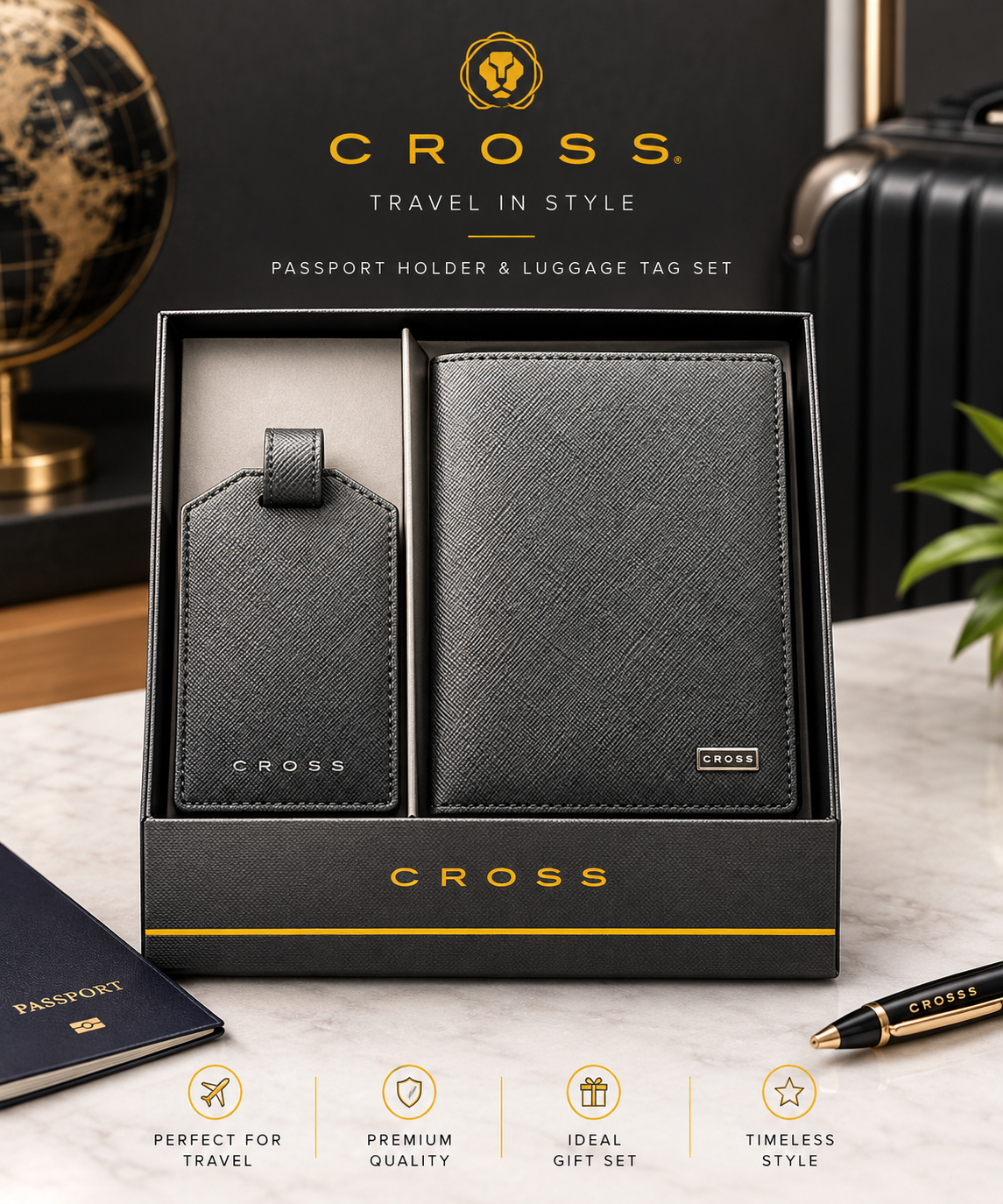 CROSS Personalized Passport Holder & Luggage Tag Set – Black Travel Gift Set Engravables