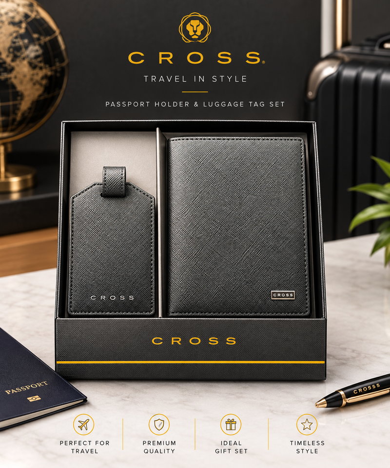 CROSS Personalized Passport Holder & Luggage Tag Set – Black Travel Gift Set Engravables