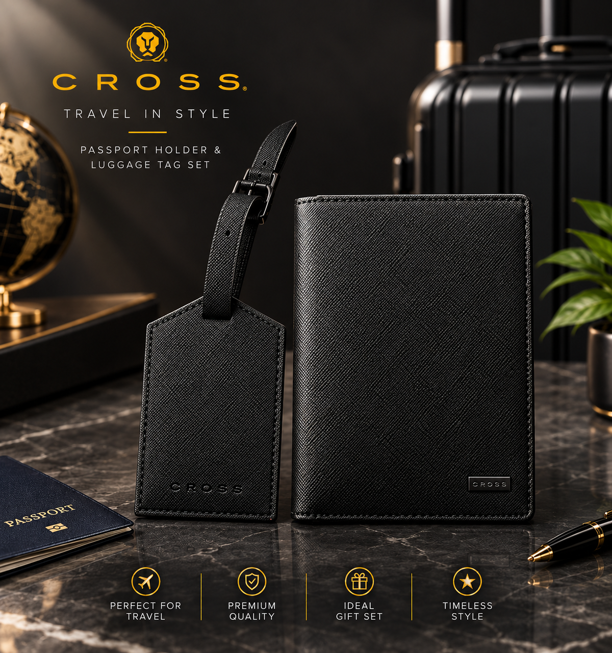 CROSS Personalized Passport Holder & Luggage Tag Set – Black Travel Gift Set Engravables