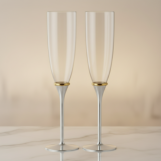 Engraved Slim Champagne Flutes with Gold Accent – Set of 2 | Personalized Wedding Toasting Glasses