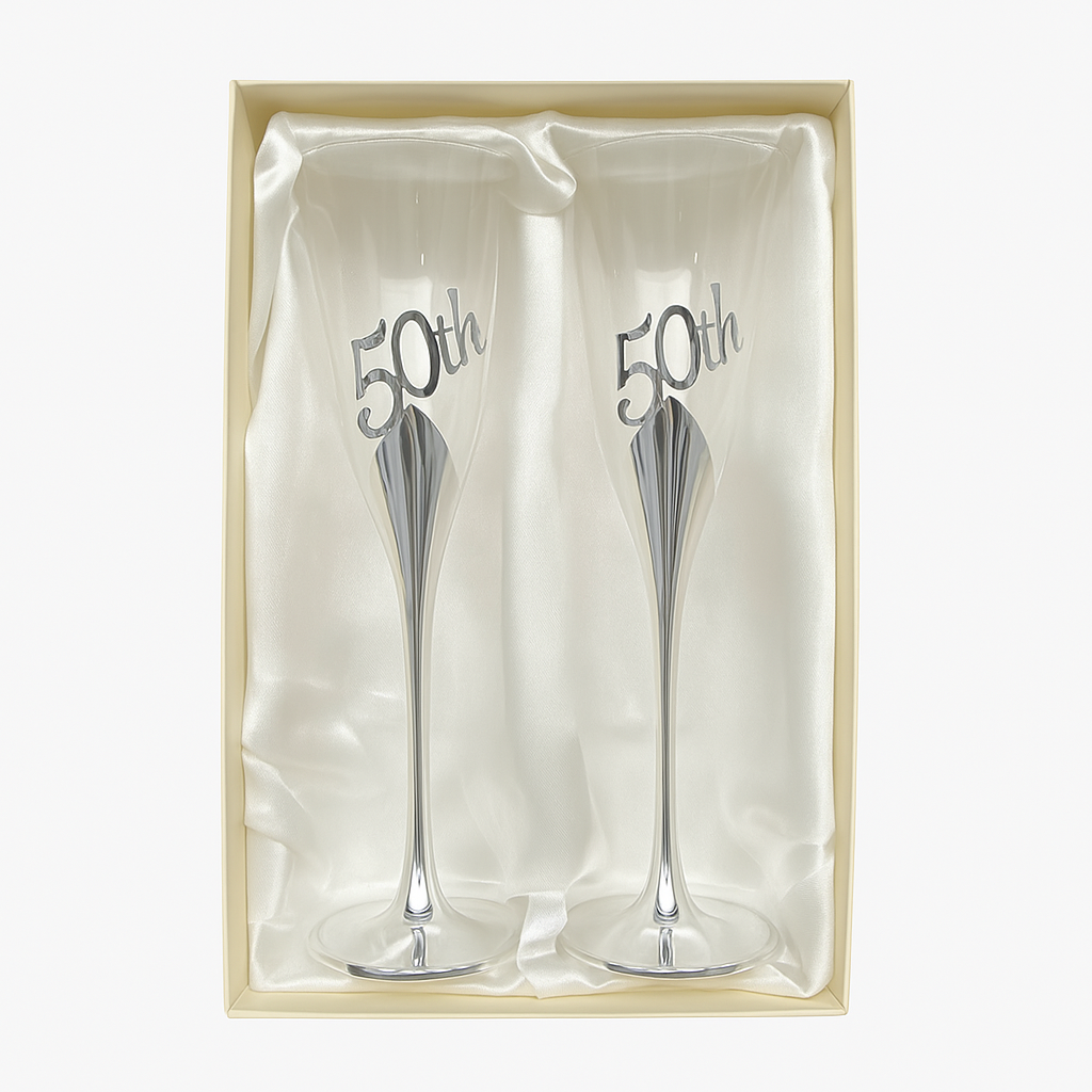 50th Anniversary Champagne Glasses – Elegant Silver Flutes, Custom Engraved Gift Set