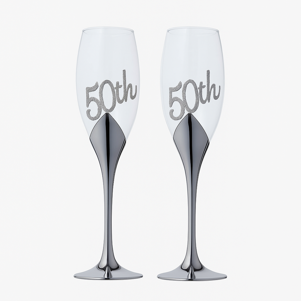 50th Anniversary Champagne Glasses – Elegant Silver Flutes, Custom Engraved Gift Set