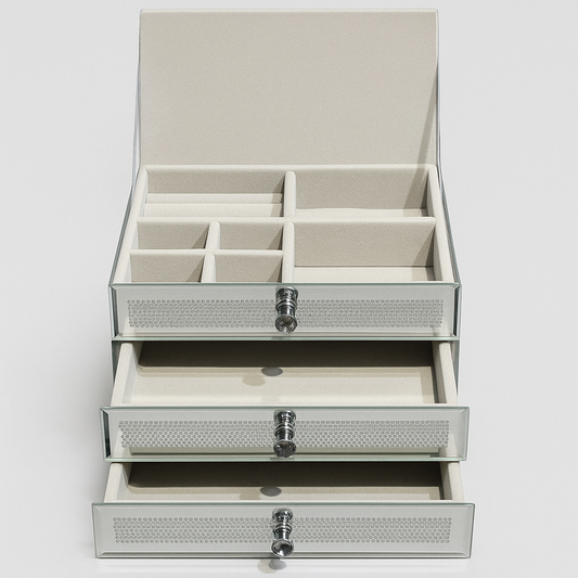 Crystal Sparkle Mirrored Jewelry Box – 3-Drawer Organizer with Velvet Lining