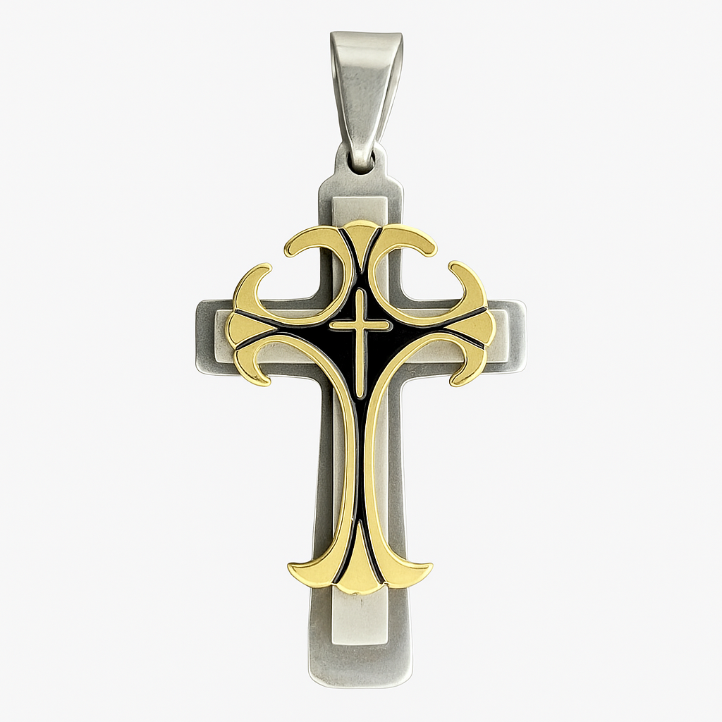 Two-Tone Cross Pendant – Stainless Steel & Gold Christian Necklace Charm for Him or Her