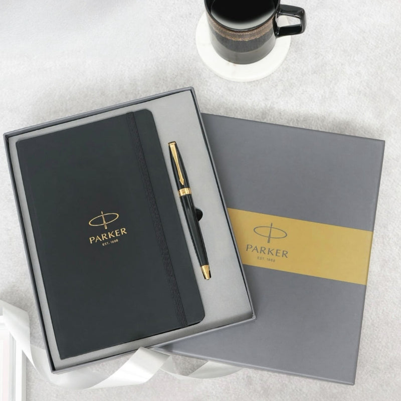 Parker Lacque Black Gold Trim Ballpoint Pen with A5 Black Large Notebook Engravables