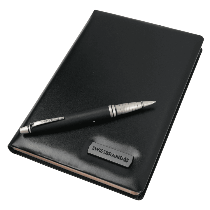Personalized SwissBrand Black Diary & Pen Gift Set – Custom Engraved Executive Notebook and Pen | Corporate Gift | Canada & USA Engravables