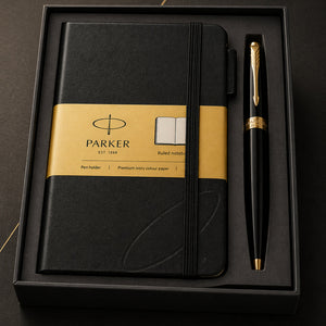 Parker Gift set - Lacque Black Gold Trim Ballpoint Pen with A6 Black Small Notebook Engravables - thumbnail 4