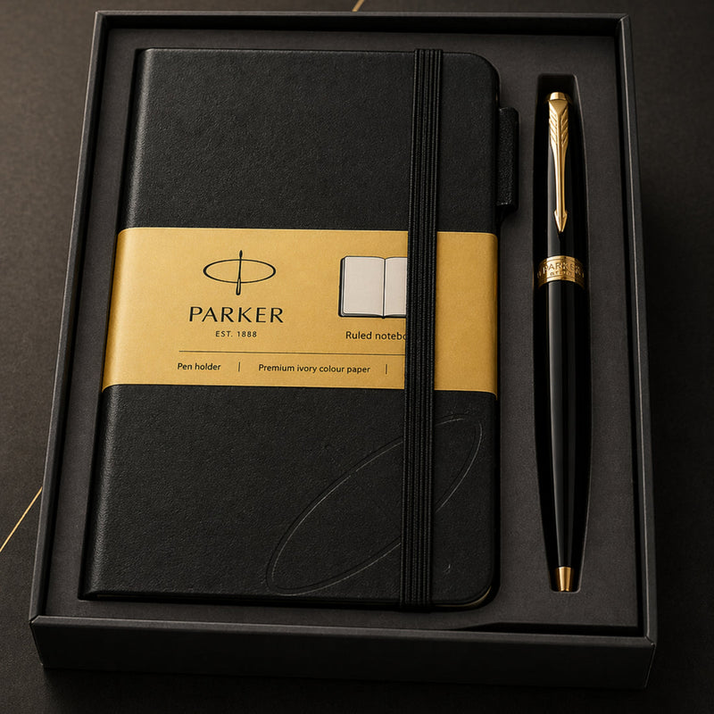 Parker Gift set - Lacque Black Gold Trim Ballpoint Pen with A6 Black Small Notebook Engravables