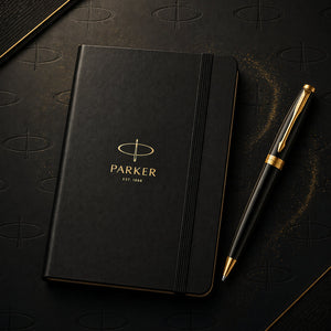 Parker Lacque Black Gold Trim Ballpoint Pen with A5 Black Large Notebook Engravables - thumbnail 4