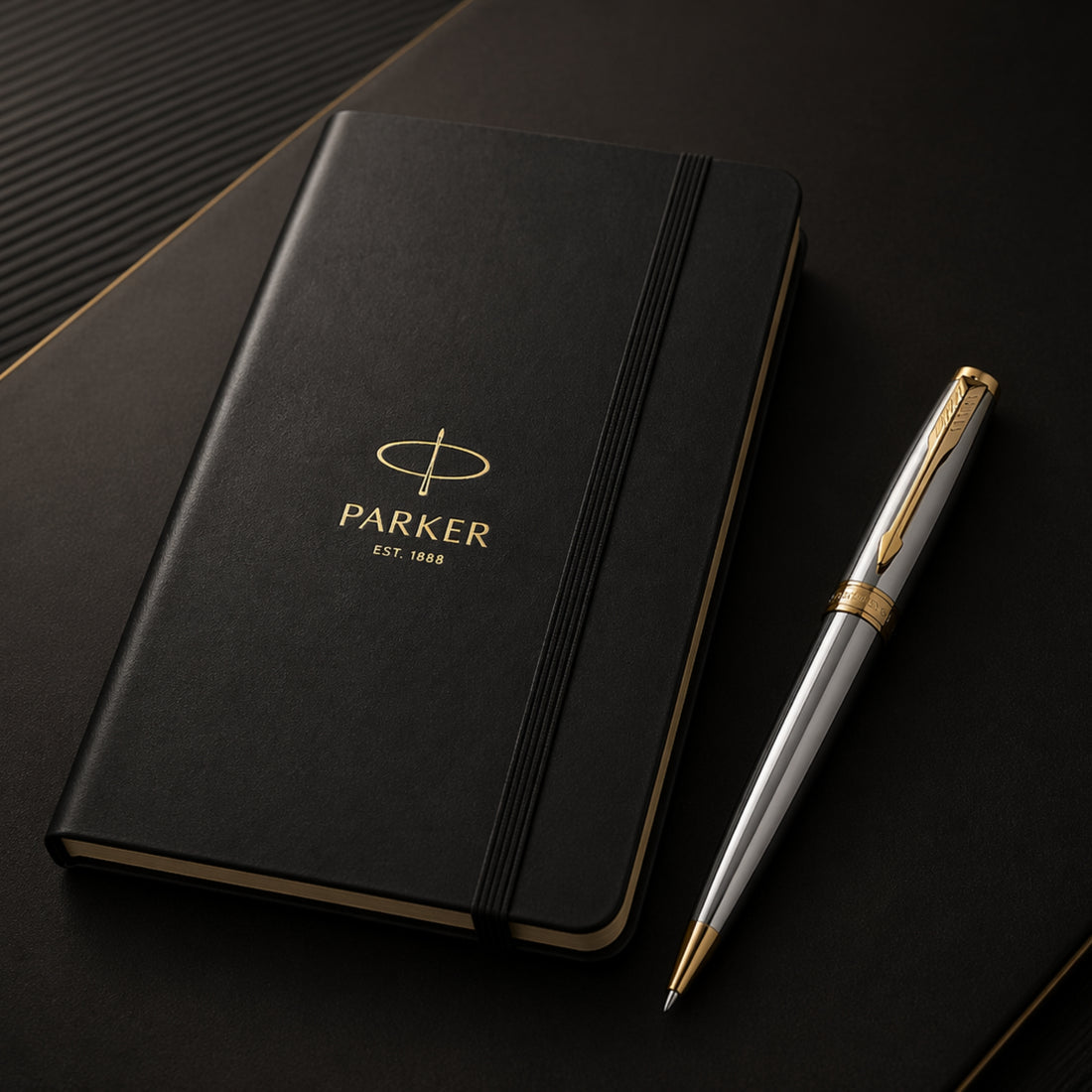 Parker Shiny Chrome Gold Trim Ballpoint Pen with A5 Black Large Notebook Engravables