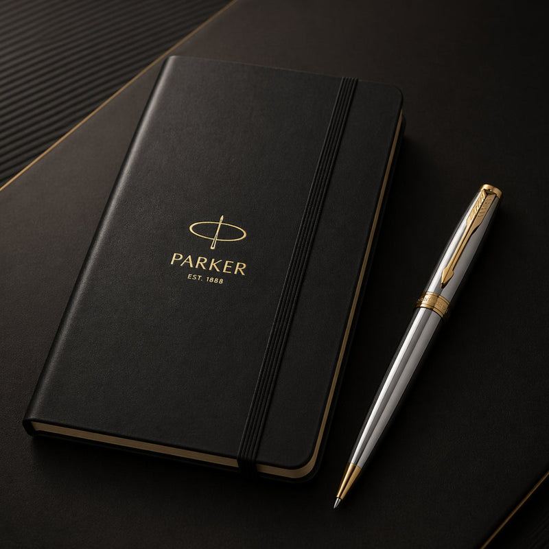 Parker Shiny Chrome Gold Trim Ballpoint Pen with A5 Black Large Notebook Engravables