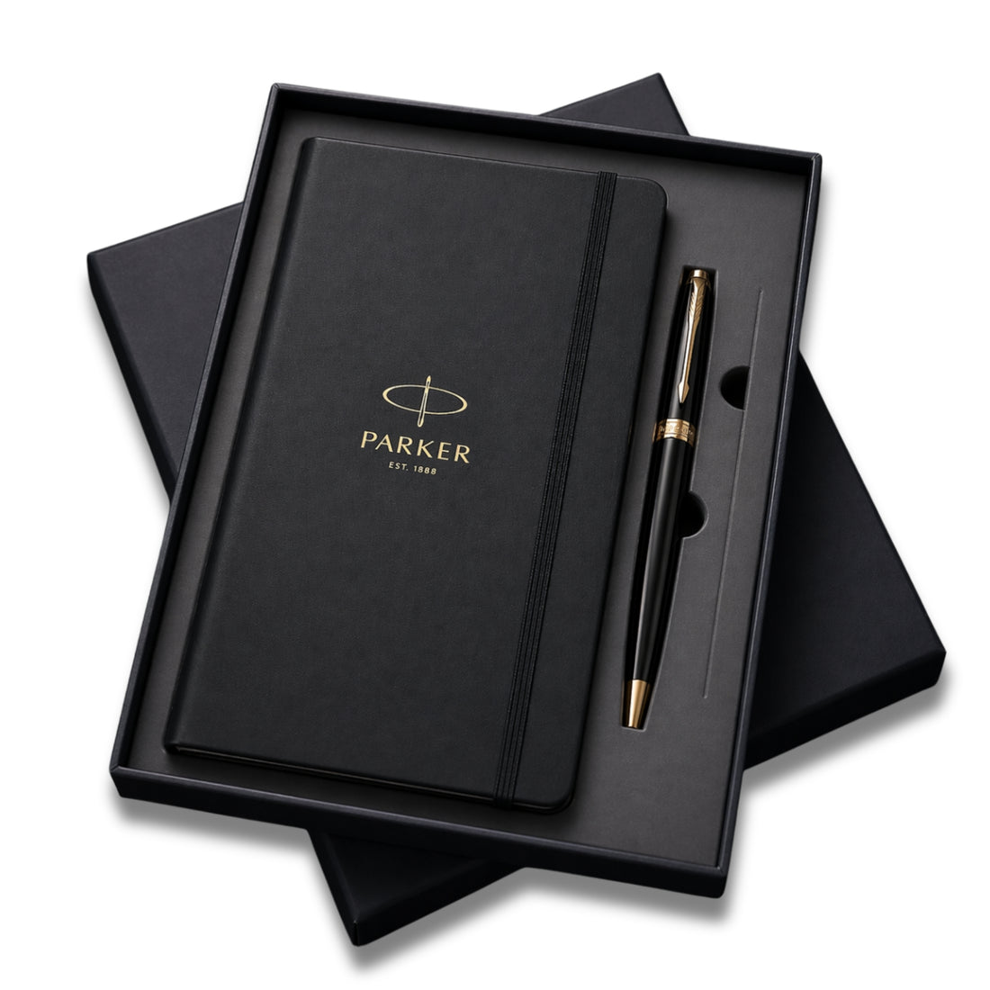 Parker Lacque Black Gold Trim Ballpoint Pen with A5 Black Large Notebook Engravables
