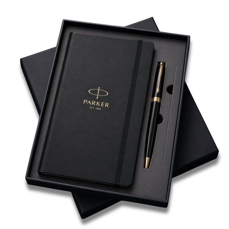 Parker Lacque Black Gold Trim Ballpoint Pen with A5 Black Large Notebook Engravables