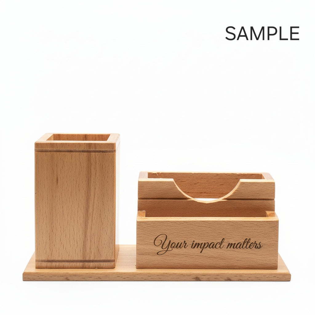 Personalized Wooden Desk Organizer with Pen & Card Holder – Custom Engraved Office Gift