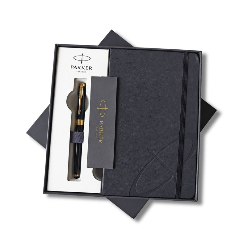 Parker Gift Set - (Parker Matte Black, Gold Trim, Roller Ball Pen with Notebook) Limited Edition Engravables