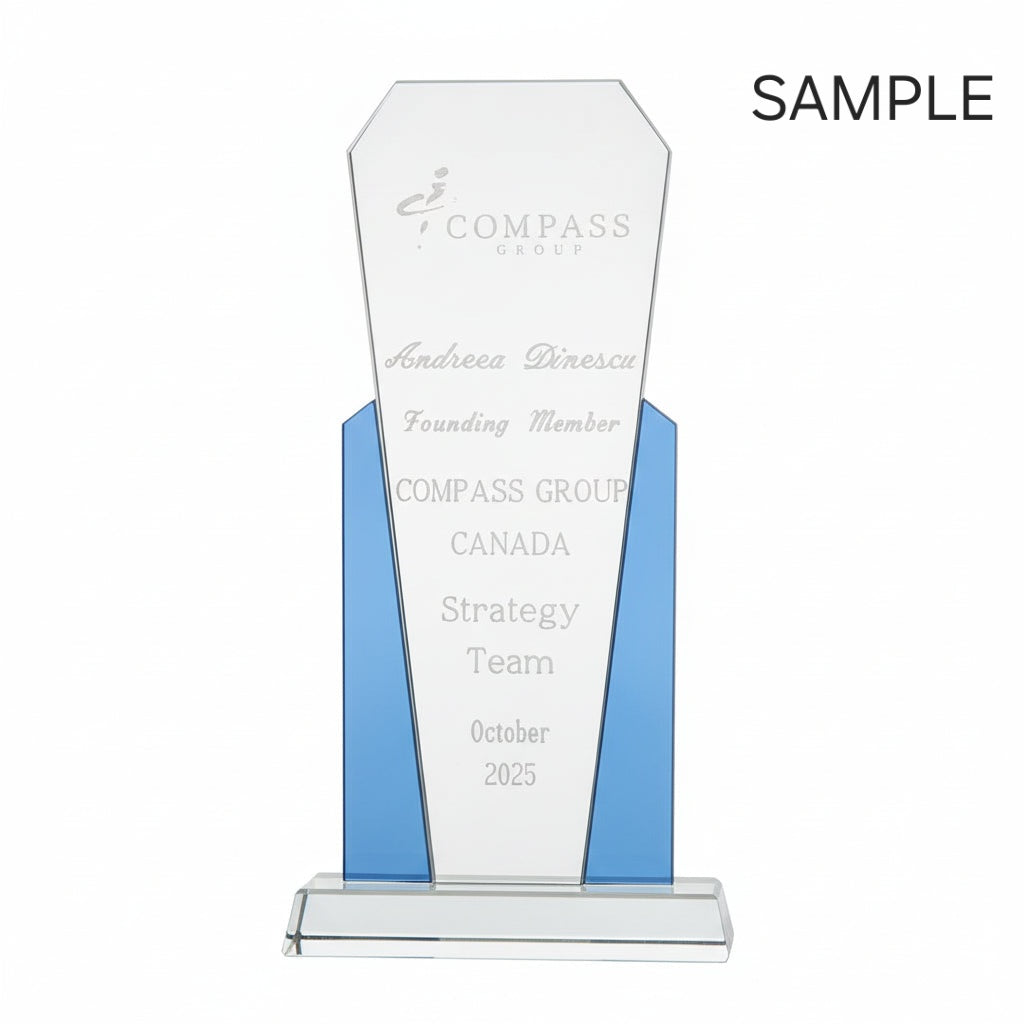 Custom Engraved Crystal Award Trophy with Blue Accents – Personalized Corporate Awards in Canada & USA | Custom Recognition Trophies Toronto, Mississauga, Vancouver, Calgary, Montreal