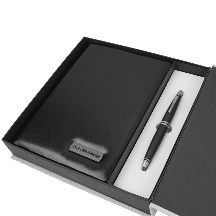 Personalized SwissBrand Black Diary & Pen Gift Set – Custom Engraved Executive Notebook and Pen | Corporate Gift | Canada & USA Engravables