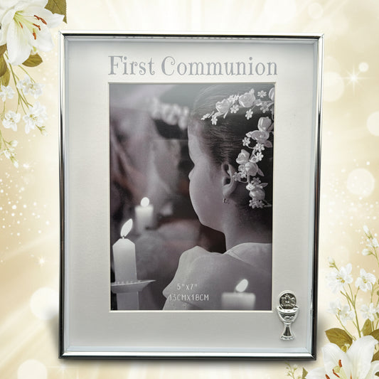 First Communion Silver Plated Photo Frame – Chalice Design (5” x 7”)