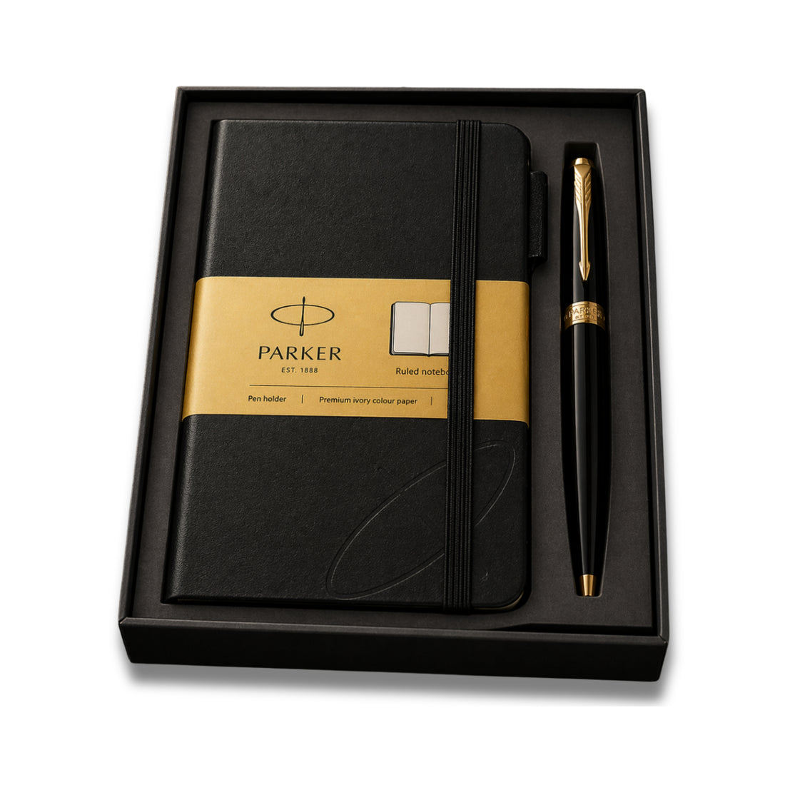 Parker Gift set - Lacque Black Gold Trim Ballpoint Pen with A6 Black Small Notebook Engravables