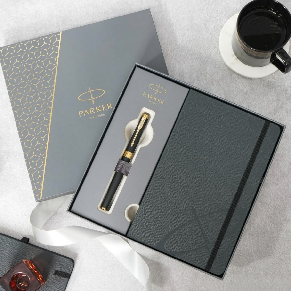 Parker Gift Set - (Parker Matte Black, Gold Trim, Roller Ball Pen with Notebook) Limited Edition Engravables