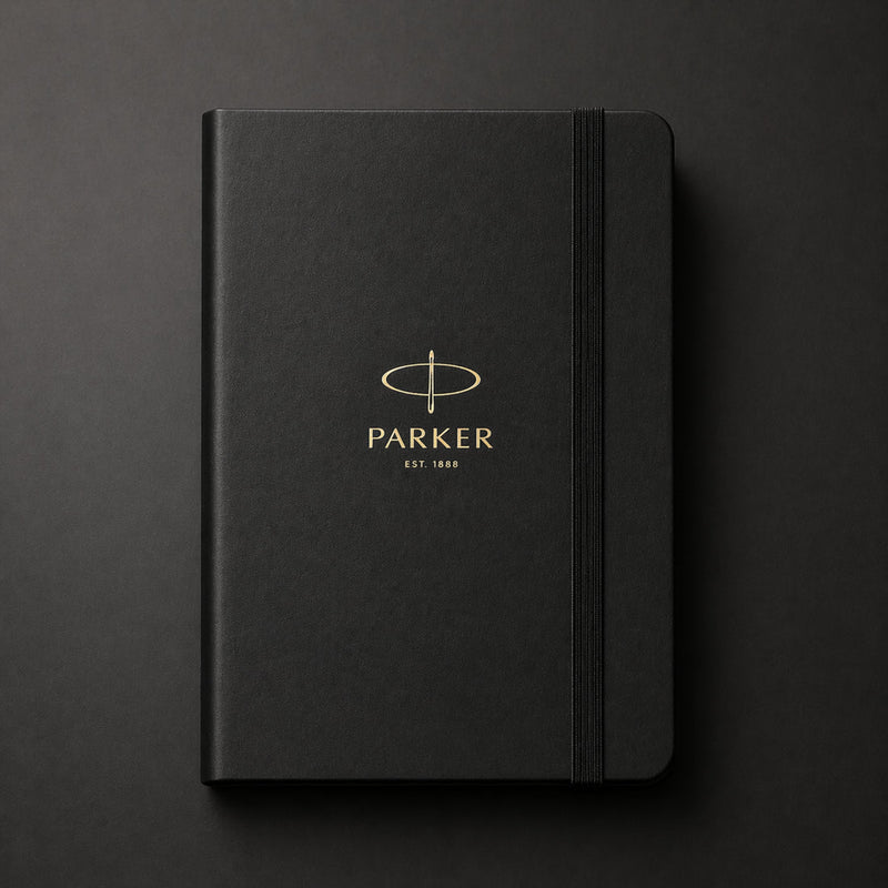 Parker Lacque Black Gold Trim Ballpoint Pen with A5 Black Large Notebook Engravables