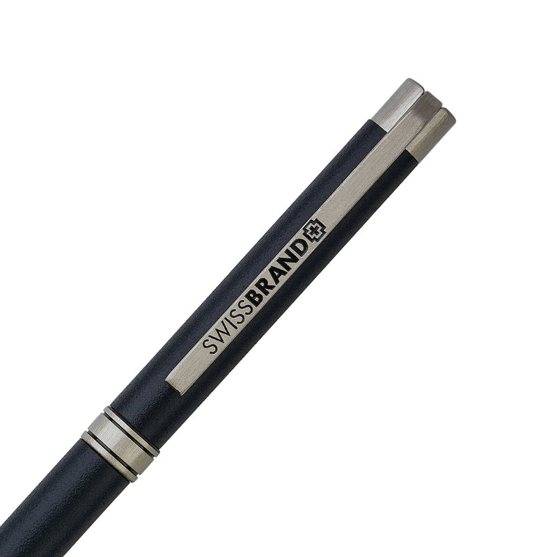 SWISSBRAND Matte black chrome Ballpoint Pen with chrome trim. Engravables
