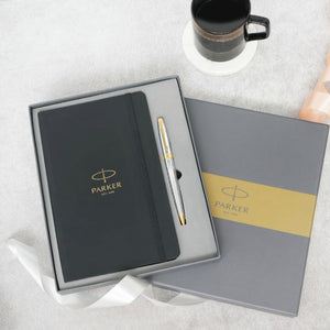 Parker Shiny Chrome Gold Trim Ballpoint Pen with A5 Black Large Notebook Engravables - thumbnail 1