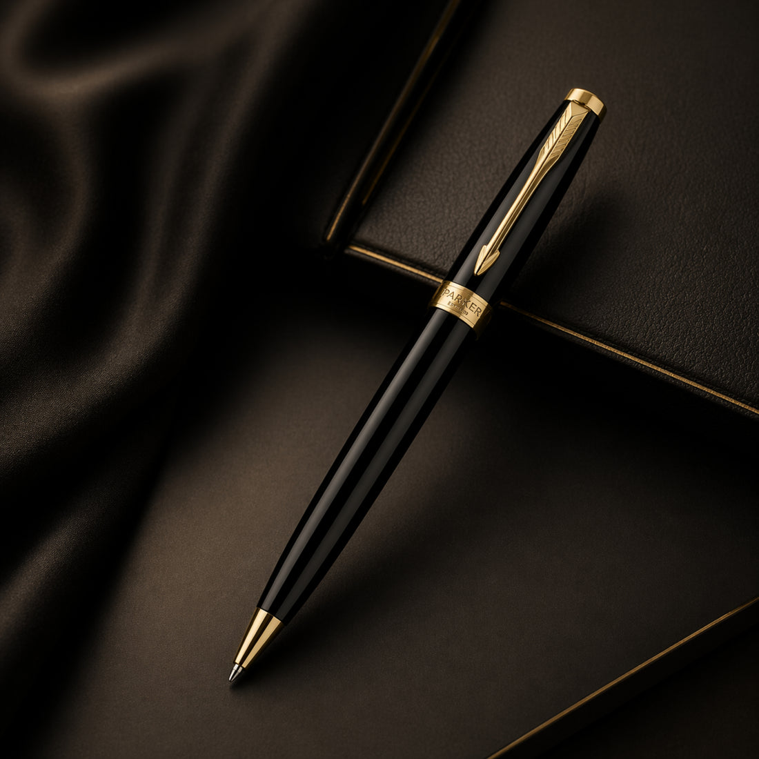 Parker Gift set - Lacque Black Gold Trim Ballpoint Pen with A6 Black Small Notebook Engravables