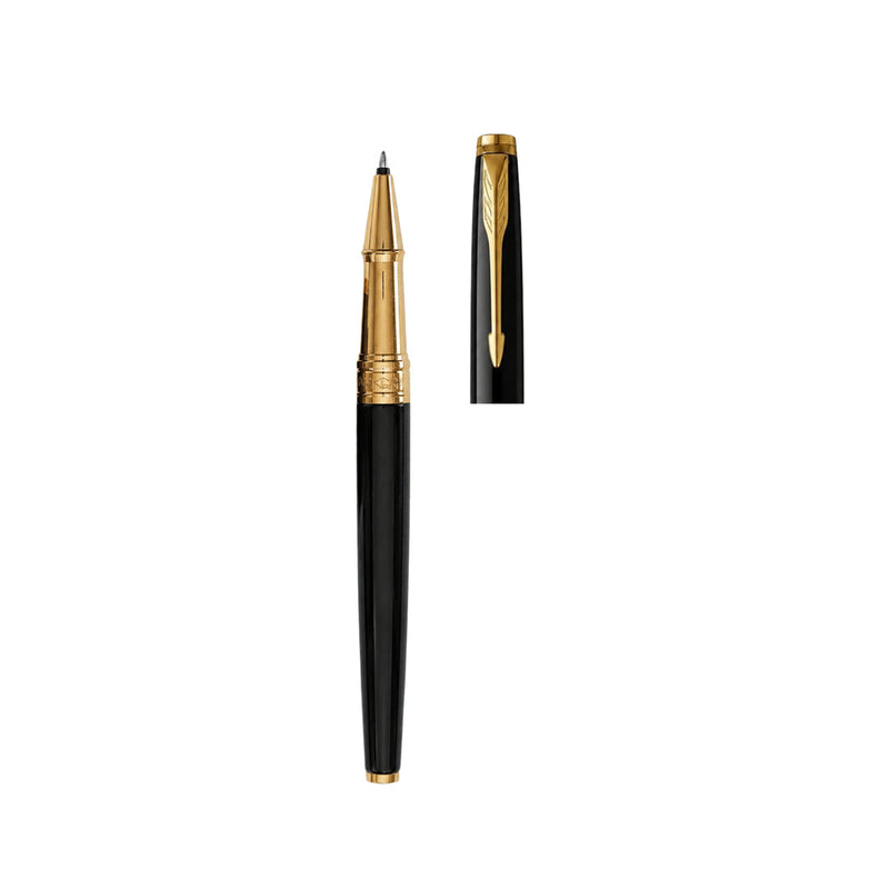 Parker Gift Set - (Parker Matte Black, Gold Trim, Roller Ball Pen with Notebook) Limited Edition Engravables