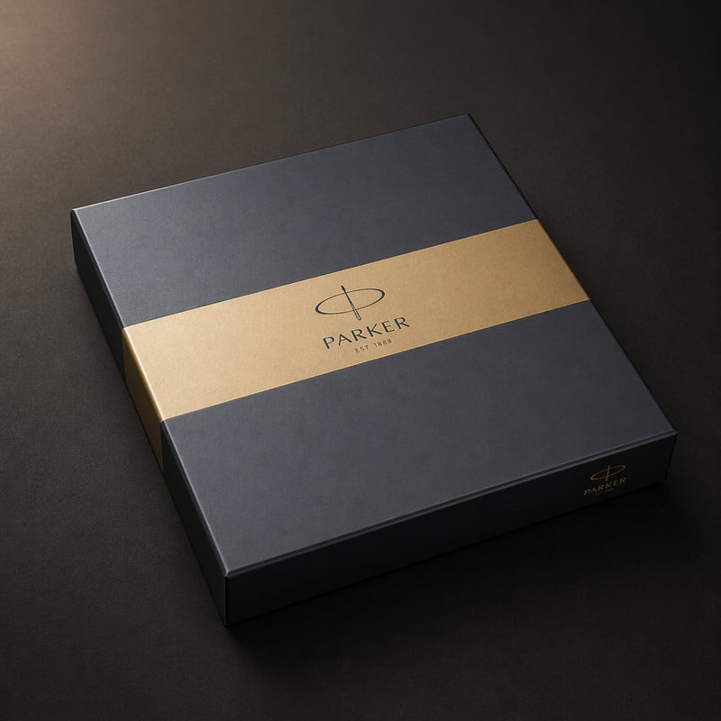 Parker Shiny Chrome Gold Trim Ballpoint Pen with A5 Black Large Notebook Engravables