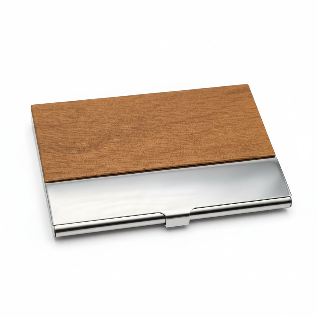 Engraved Business Card Holder – Golden Maple Wood & Steel