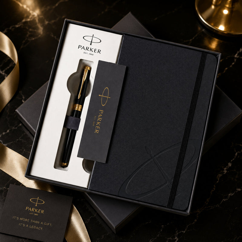 Parker Gift Set - (Parker Matte Black, Gold Trim, Roller Ball Pen with Notebook) Limited Edition Engravables