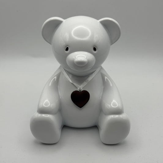 Engraved Teddy Bear Piggy Bank – Personalized White Ceramic Money Box with Heart Pendant for Baby Showers, Birthdays & Keepsakes