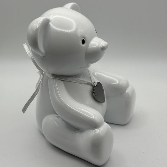 Engraved Teddy Bear Piggy Bank – Personalized White Ceramic Money Box with Heart Pendant for Baby Showers, Birthdays & Keepsakes